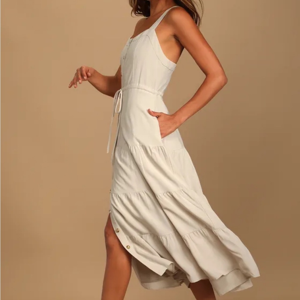 Lulu's Cream Tiered Midi Dress with Button Front - Picture 14 of 15